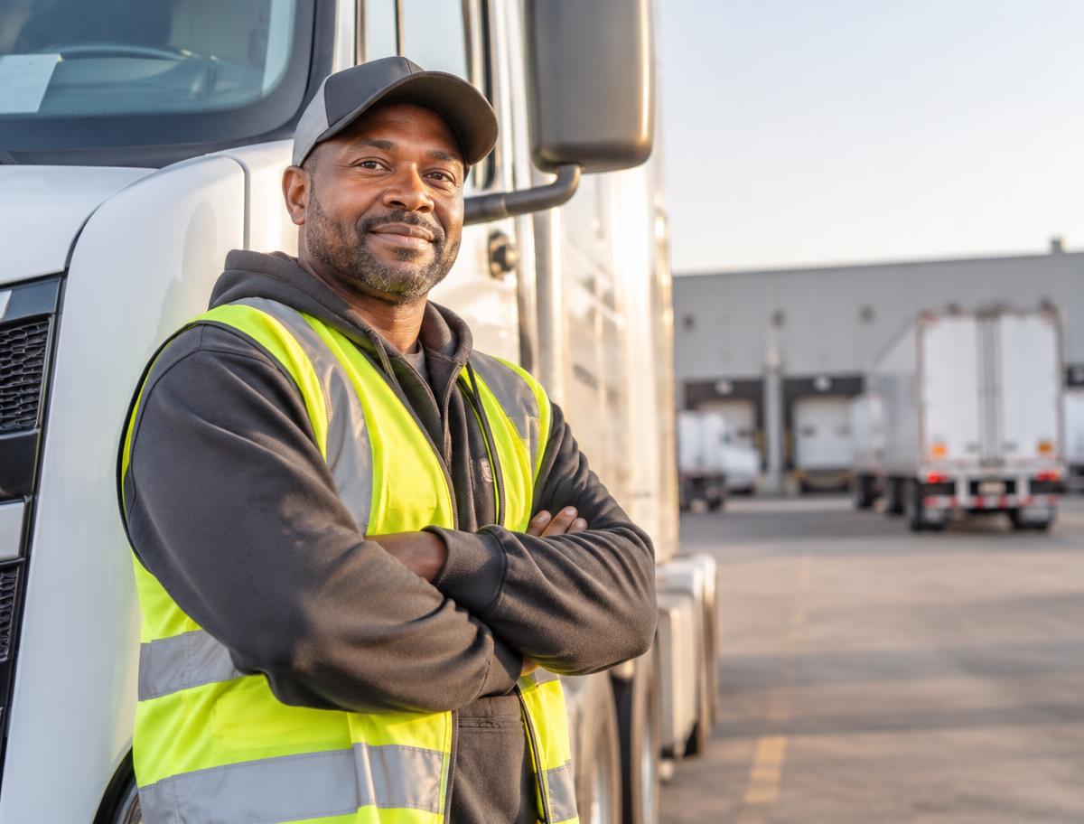 Professional Clutch Logistics driver standing beside his tractor at a distribution yard
