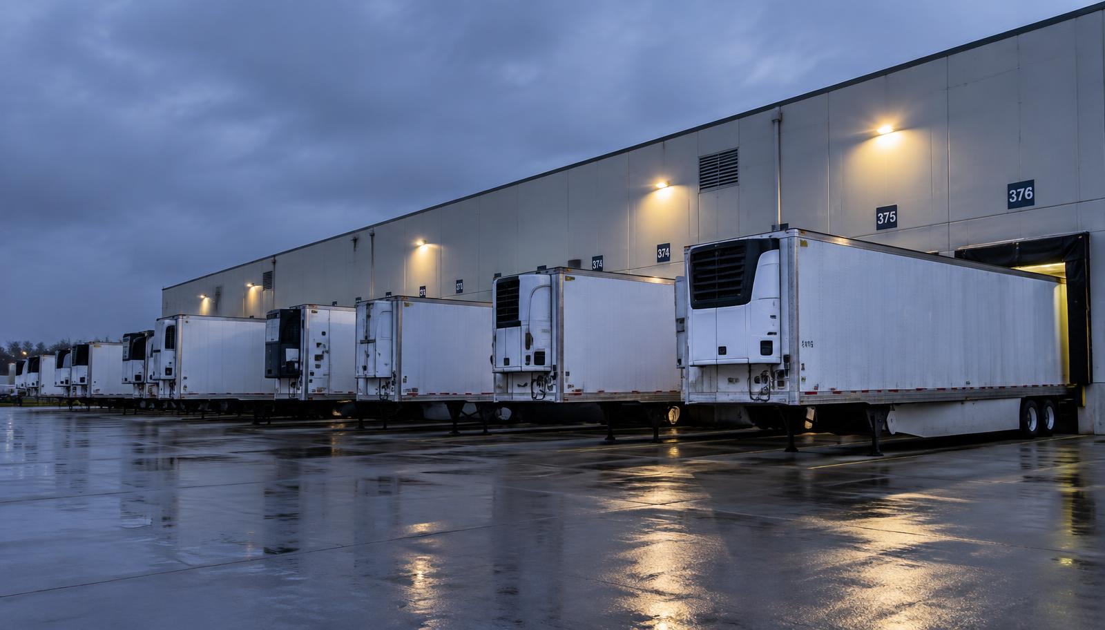 Row of dry van and refrigerated trailers docked at a distribution warehouse